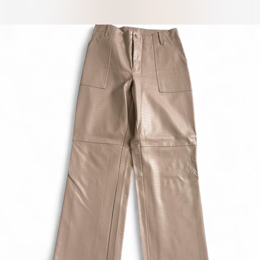 Elegant Beige Faux Leather Straight Leg Women's Pants